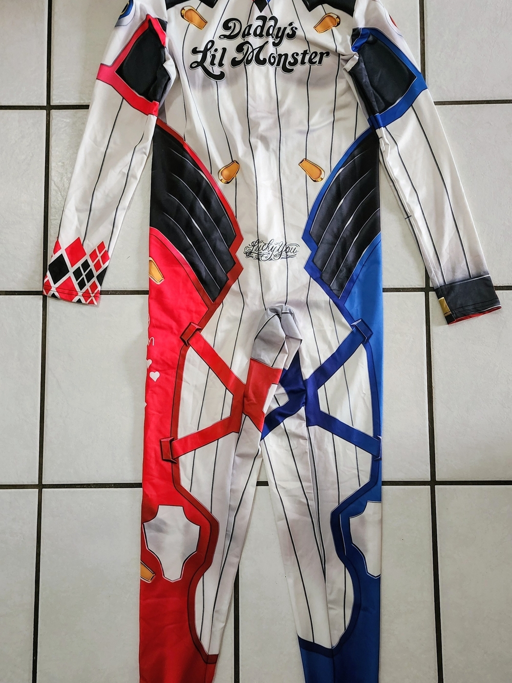Daddy's Lil Monster One-Piece Costume Jumpsuit Red & Blue Harley Quinn Hallowen
